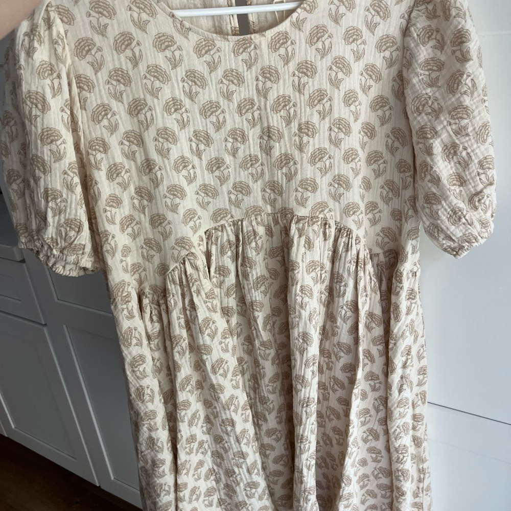 Rylee + Cru Cream Tan Smocked Ruffled Midi Sundress